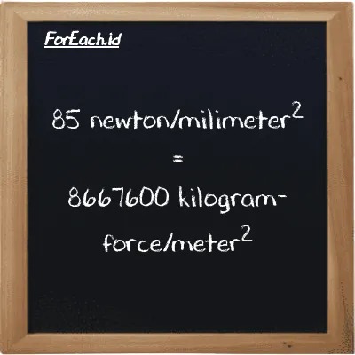 85 newton/milimeter<sup>2</sup> setara dengan 8667600 kilogram-force/meter<sup>2</sup> (85 N/mm<sup>2</sup> setara dengan 8667600 kgf/m<sup>2</sup>)